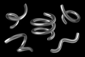 3D chrome spiral curves and springs abstract silver metallic elements set vector