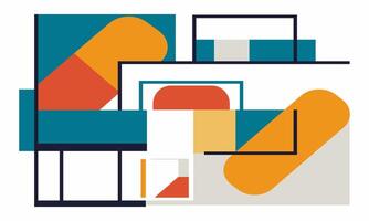 An illustration of a building with a large orange and blue rectangle vector