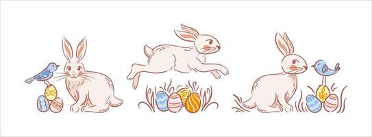 A set of adorable Easter scenes featuring adorable bunnies, colorful decorated eggs, and cheerful birds. This whimsical sketch style adds a touch of warmth and charm. vector