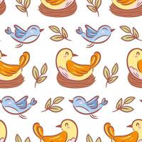 A charming seamless pattern featuring cute birds nestled in a nest, alongside flying birds and delicate branches, all illustrated in a lovely sketch. Perfect for spring themes and nature-inspired vector