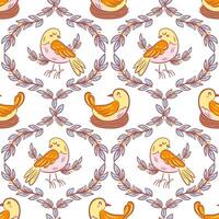 vintage illustration featuring birds nestled in a cozy nest among tree branches, beautifully intertwined with a seamless damask pattern. The design evokes a sense of elegance and nature s tranquility. vector