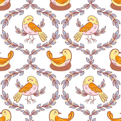 vintage illustration featuring birds nestled in a cozy nest among tree branches, beautifully intertwined with a seamless damask pattern. The design evokes a sense of elegance and nature s tranquility.