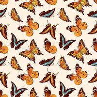 illustration features a stunning seamless pattern of butterflies Swallowtail, Papilio thoas, and Danaus plexippus. Each butterfly features vibrant colors that are for nature-themed designs. vector