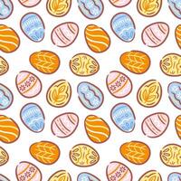 This seamless pattern showcases Easter eggs, each adorned with distinct hand drawn designs in a variety of colors and patterns. Ideal for adding a playful element to projects themed around spring. vector
