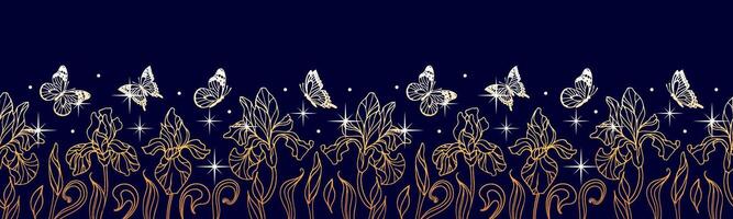 A horizontal border featuring elegant golden irises intertwined with delicate butterflies and shimmering stars, creating a harmonious blend of nature and whimsy, perfect for decorative designs. vector
