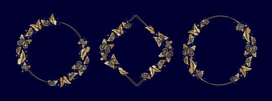 set of frames in different shapes featuring golden butterfly silhouettes and stars, Danaus plexippus and Swallowtail. Ideal for various design projects, demonstrating the elegance nature vector