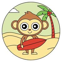 Tropical Beach Scene with a Cartoon Monkey and Surfboard vector