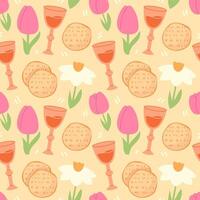 Pesach. Seamless pattern with spring flowers, matzah, wine vector