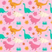 Seamless pattern with cute dinosaurs on a pink background vector