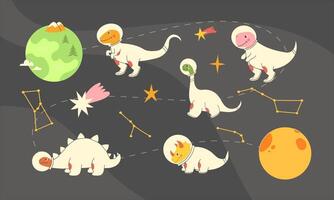 Space set with cute hand drawn dinosaur astronauts in spacesuit among the stars vector