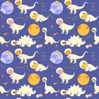 Space seamless seamless pattern with cute hand drawn dinosaur cosmonauts on blue background vector