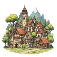 charming medieval village with tall tower, surrounded by lush trees and mountains, evokes sense of nostalgia and tranquility. quaint houses with red roofs and stone walls create picturesque scene png