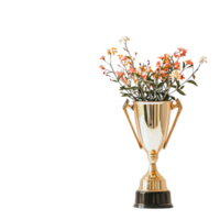 golden trophy filled with vibrant flowers stands elegantly, symbolizing victory and celebration. combination of shiny trophy and colorful blooms creates unique and artistic display png