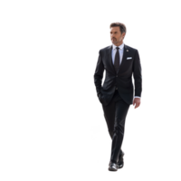confident man formal suit walks forward, exuding professionalism and style. suit is dark, paired with white shirt and tie, reflecting business or formal setting. His expression is focused and png