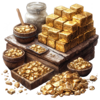 rustic wooden table displays assortment of gold nuggets and bars, with jar of rice in background, creating contrast between wealth and simplicity png