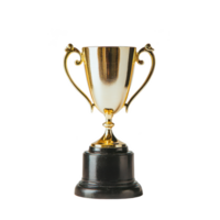 shiny gold trophy with ornate handles sits atop black base, symbolizing achievement and success. trophy reflective surface gleams, highlighting its significance as prize or award png