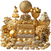 lavish display of golden decorative items, including ornate spheres, floral arrangements, and intricate designs, exuding opulence and luxury. collection features variety of textures and patterns png