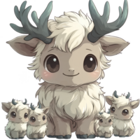 cute, fluffy creature with antlers is surrounded by smaller versions of itself, all with big eyes and soft fur, creating adorable family scene png