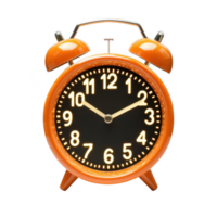 orange retro style alarm clock with black face and white numbers, showing time at 1010. clock features twin bells on top and classic design, evoking sense of nostalgia png