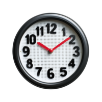 round wall clock with black frame, white face, and bold black numbers, featuring red hour and minute hands. clock displays modern design with perforated background png