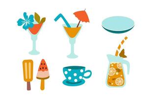 Set with summer cocktails, refreshing lemonade, ice cream and a cup. vector