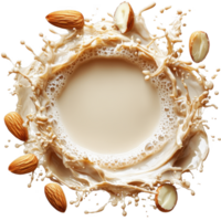splash of almond milk with whole almonds creates dynamic and creamy visual. swirling motion and droplets emphasize freshness and energy png