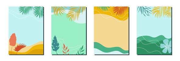 Set of colorful summer backgrounds with tropical leaves and waves. vector