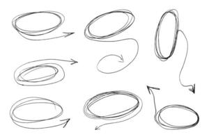 Hand Drawn Doodle Cicle Highlights with Arrows. Messy tangled ovals and bubble frames with pointing arrows. Scribble crayon oval outlines vector