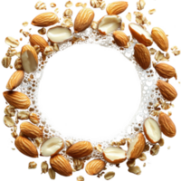 circular arrangement of almonds and oats with splashes of milk creates dynamic and fresh composition. nuts and grains are artistically placed, surrounded by frothy milk, suggesting nutritious and png