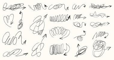 Messy tangled arrows set. Scribble chaotic crazy lines arrows collection. Scrawl messy lines forming creative arrows shapes vector