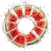Slices of juicy watermelon arranged in circular pattern with splashes of water, creating refreshing and vibrant summer theme. vivid red and green colors highlight freshness of fruit png