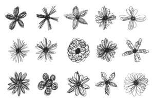 Scribble floral set, messy lines flower head set. Tangled chaotic crazy lines flower collection. Scrawl messy lines forming creative flower shapes. vector