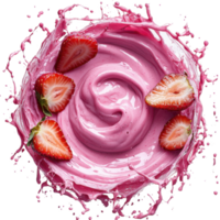 swirl of vibrant pink yogurt with fresh strawberries splashing around creates dynamic and appetizing scene. creamy texture and juicy fruit evoke sense of freshness and indulgence png