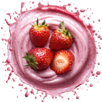 Fresh strawberries splashing in creamy pink yogurt, creating vibrant and appetizing scene. dynamic motion and rich colors highlight freshness and deliciousness of ingredients png