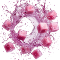 Pink liquid splashes around floating pink cubes, creating dynamic and vibrant scene. motion and color contrast highlight freshness and energy of composition png