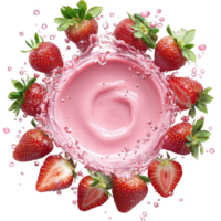 splash of pink strawberry yogurt surrounded by fresh strawberries creates vibrant and refreshing scene. yogurt creamy texture contrasts with juicy, ripe strawberries, enhancing visual appeal png