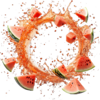 Slices and cubes of watermelon are dynamically arranged circular splash of juice, creating refreshing and vibrant scene. juicy red and green colors contrast against clear liquid, evoking sense of png