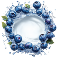 Blueberries splashing in water create refreshing and vibrant circular pattern, surrounded by droplets and green leaves. dynamic motion and vivid colors evoke sense of freshness and vitality png