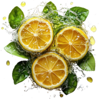 Fresh lemon slices with green leaves and splashing water droplets create vibrant and refreshing image. citrus fruit is surrounded by burst of freshness, highlighting its juicy and zesty nature png