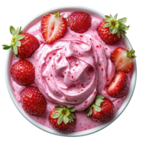 bowl of creamy strawberry yogurt topped with fresh strawberries, showcasing vibrant and appetizing presentation. smooth texture and rich pink color make it enticing treat png