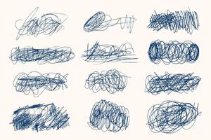 Tangled chaotic crazy lines set. Random blue chaotic scribble lines collection on white background. Scrawl messy lines, expressive linework sketches. vector