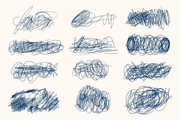 Tangled chaotic crazy lines set. Random blue chaotic scribble lines collection on white background. Scrawl messy lines, expressive linework sketches.