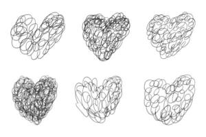 Messy lines hearts set. Tangled chaotic crazy lines heart collection. Scribble and doodle hearts. Scrawl messy lines forming heart shape sketches. One line hearts set vector