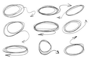 Doodle Cicle Highlights with Arrows. Messy tangled ovals and bubble frames with pointing arrows. Scribble crayon oval outlines vector