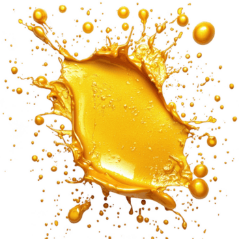 vibrant splash of golden liquid creates energetic and dynamic visual effect, with droplets radiating outward captivating pattern. glossy texture and rich color add sense of luxury and movement to png