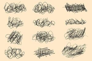 Tangled chaotic crazy lines set. Random chaotic scribble lines collection on yellow background. Scrawl messy lines, expressive linework sketches. vector