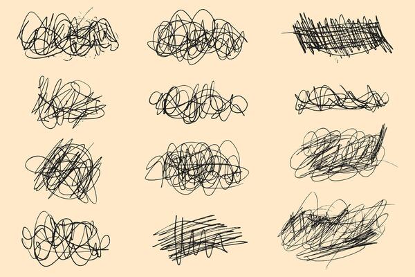 Tangled chaotic crazy lines set. Random chaotic scribble lines collection on yellow background. Scrawl messy lines, expressive linework sketches.