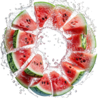 Slices of juicy watermelon arranged circular pattern with splashes of water, creating refreshing and vibrant visual. bright red flesh and green rind contrast beautifully, evoking sense of summer png