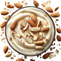 Creamy almond yogurt topped with whole and sliced almonds, creating delicious and nutritious snack. smooth texture and nutty flavor make it perfect choice for healthy treat png