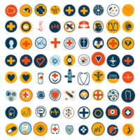 collection of colorful medical icons featuring symbols like hearts, crosses, and stethoscopes, representing various healthcare themes. icons are circular and use palette of blue, orange, and red png